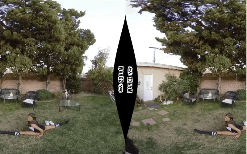 College Fund of sorority girl exercising doing splits in the garden in vr format
