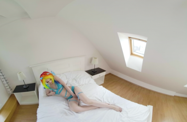 Knocking on My Sis' Backdoor virtualtaboo with girl in rainbow wig lying on satin white sheets in vr