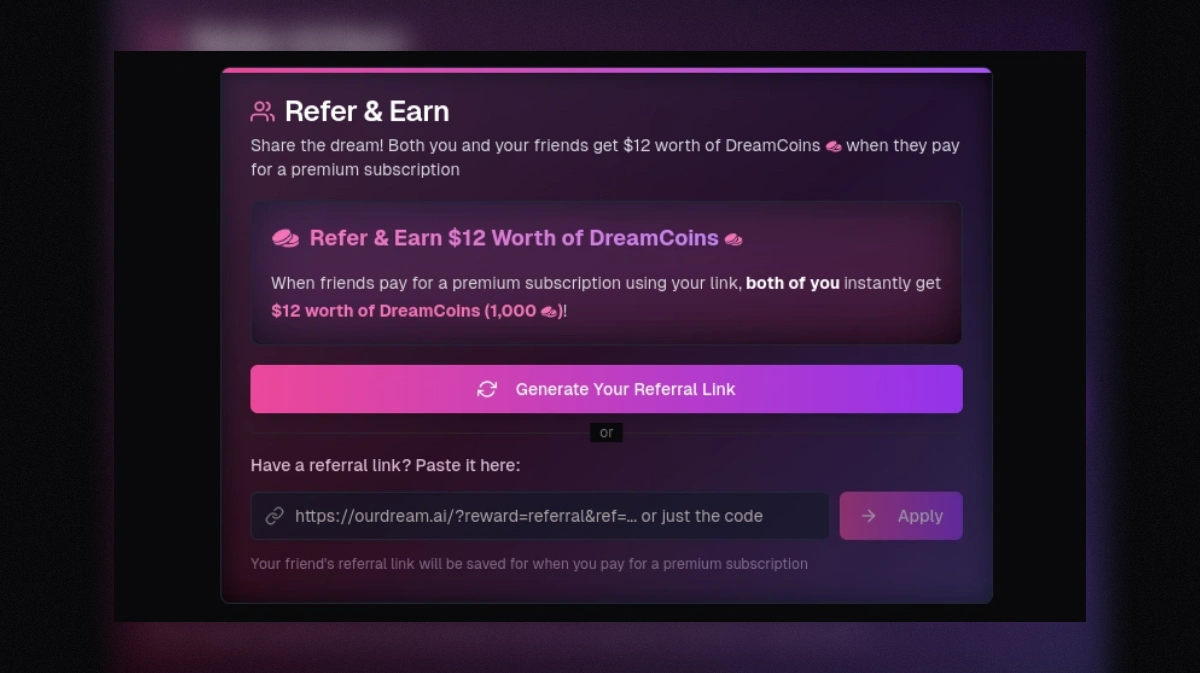 ourfream ai referral screenshot in profile section