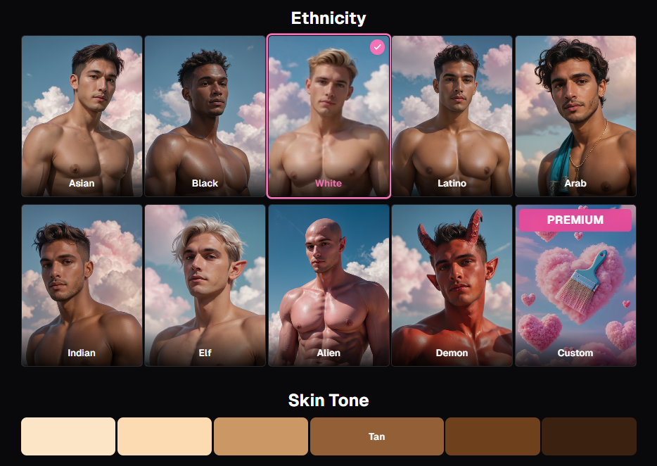 Screenshot of the catalogue of gents they have on offer at Ourdream.AI or you can start from scratch yourself.