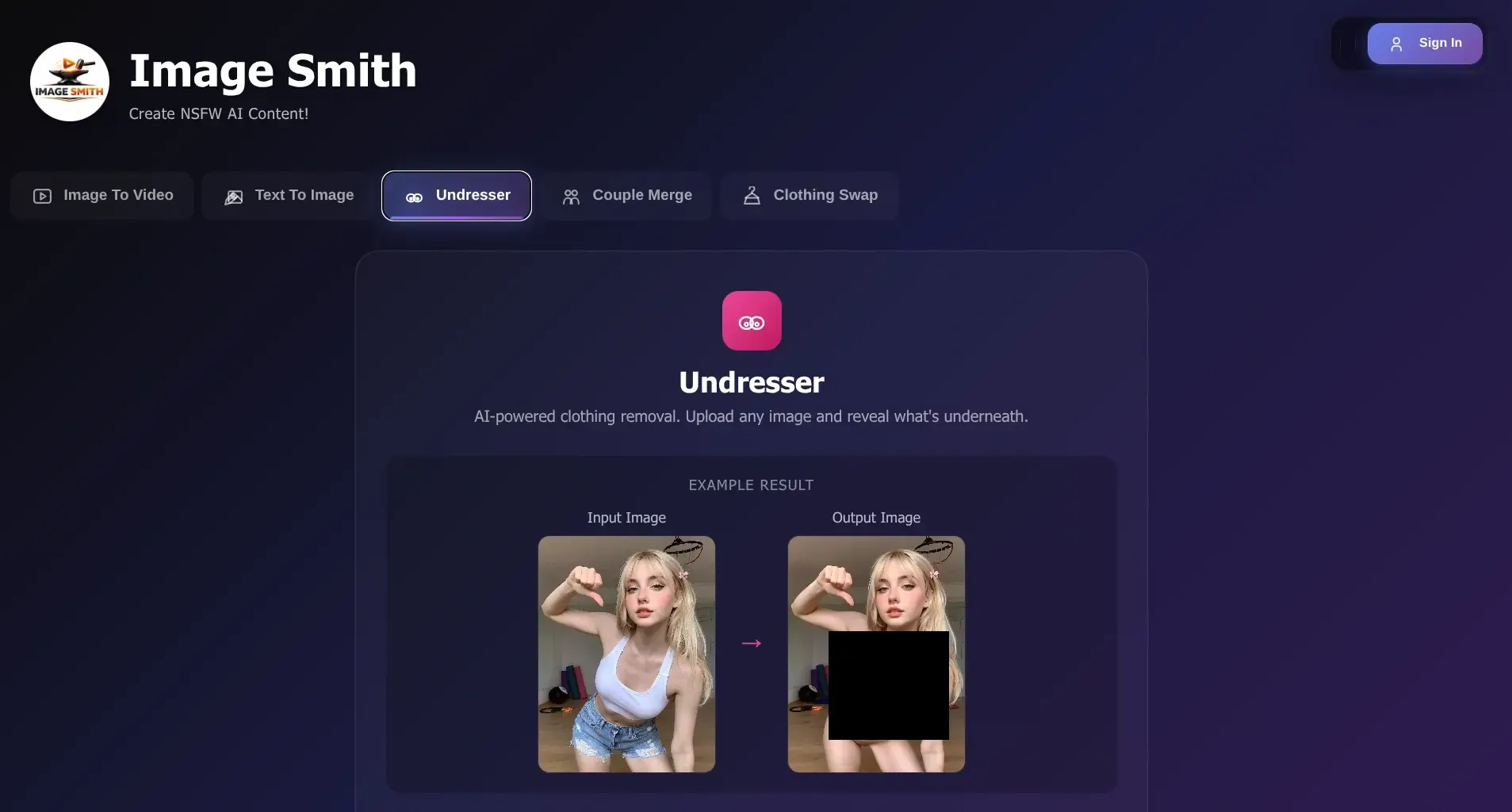 imagesmith AI undressing tool with 3 free trials