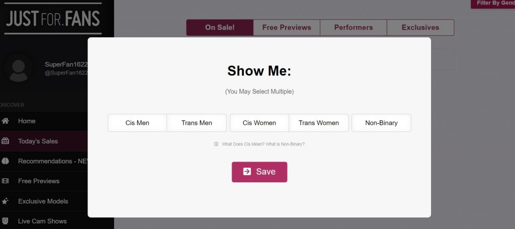 Choosing gender on justfor dot fans