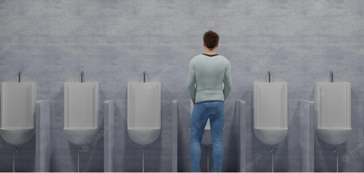 Man standing in empty urinals