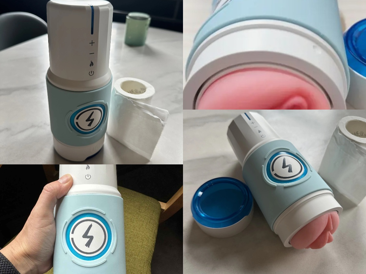 Collage of the Leten Thermopod masturbator for men - being held out of box