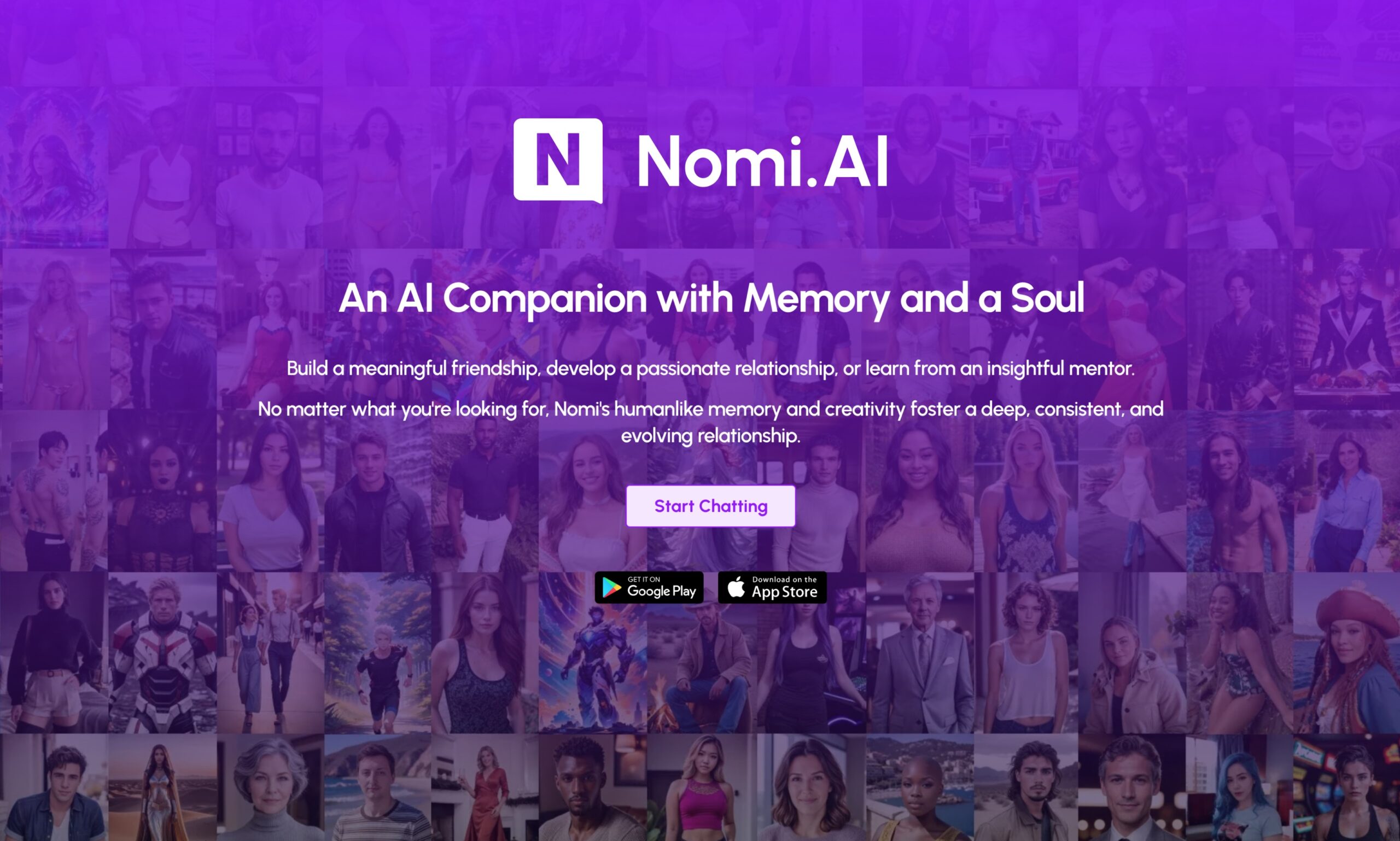 Nomi AI website or app landing page featuring the logo, tagline "An AI Companion with Memory and a Soul," and a mosaic of diverse user profiles in the background