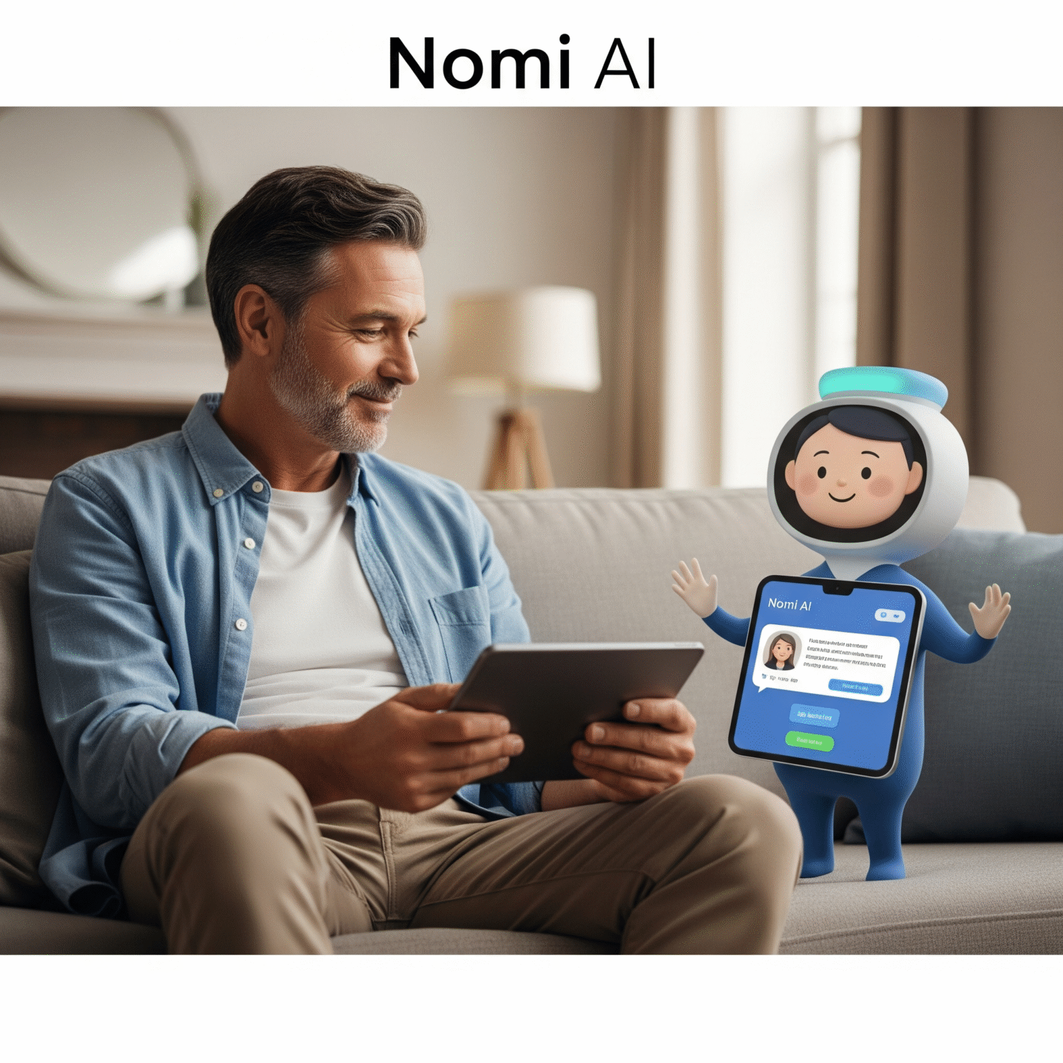 Man reviewing Nomi AI on iPad, showing AI companion interface and connection.