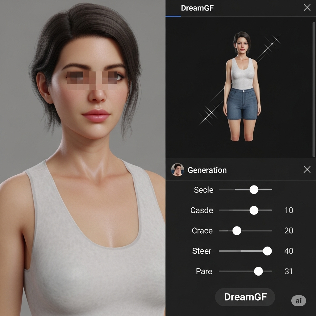 AI-generated person with character sliders, illustrating DreamGF's personalized content creation.