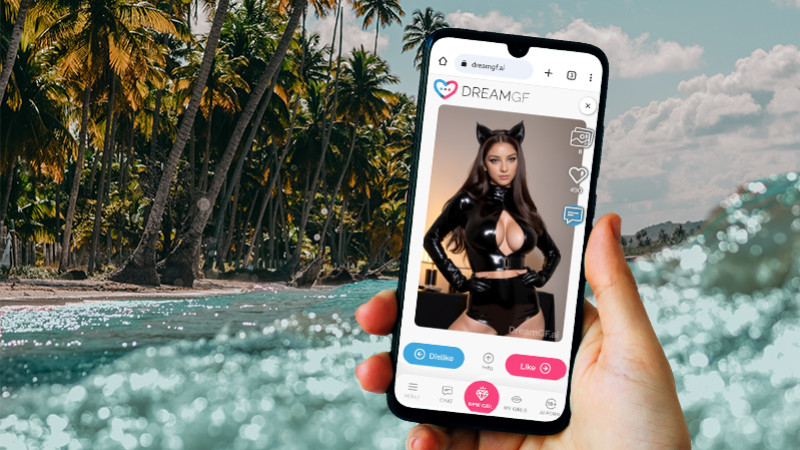 Dream GF AI Tinder swipe function courtesy of DreamGF AI website