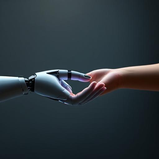 Icon of two hands holding, 1 ai 1 human, slowly morphing into one for a honeymoon fantasy of a lifetime. Resembles AI and you becoming one.