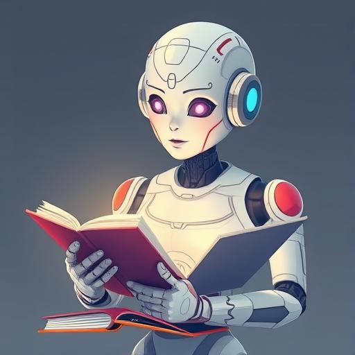 Illustration of a robot learning from books, symbolizing an AI companion evolving and growing.