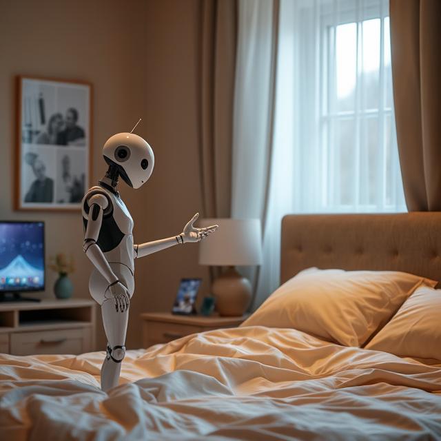 ai assistant android being giving orders to human in bedroom
