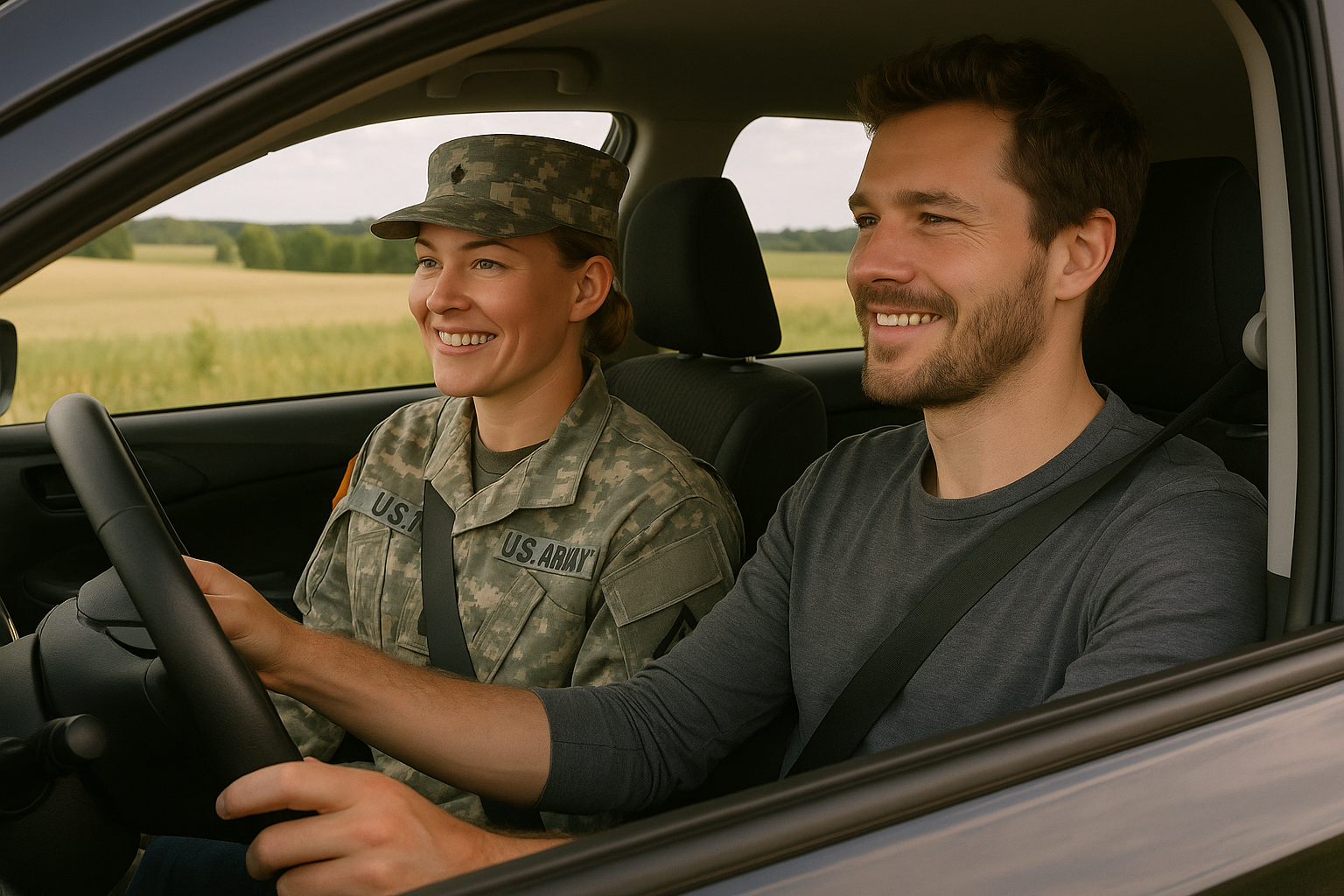 Going for a drive with lisa army love doll played by human in image