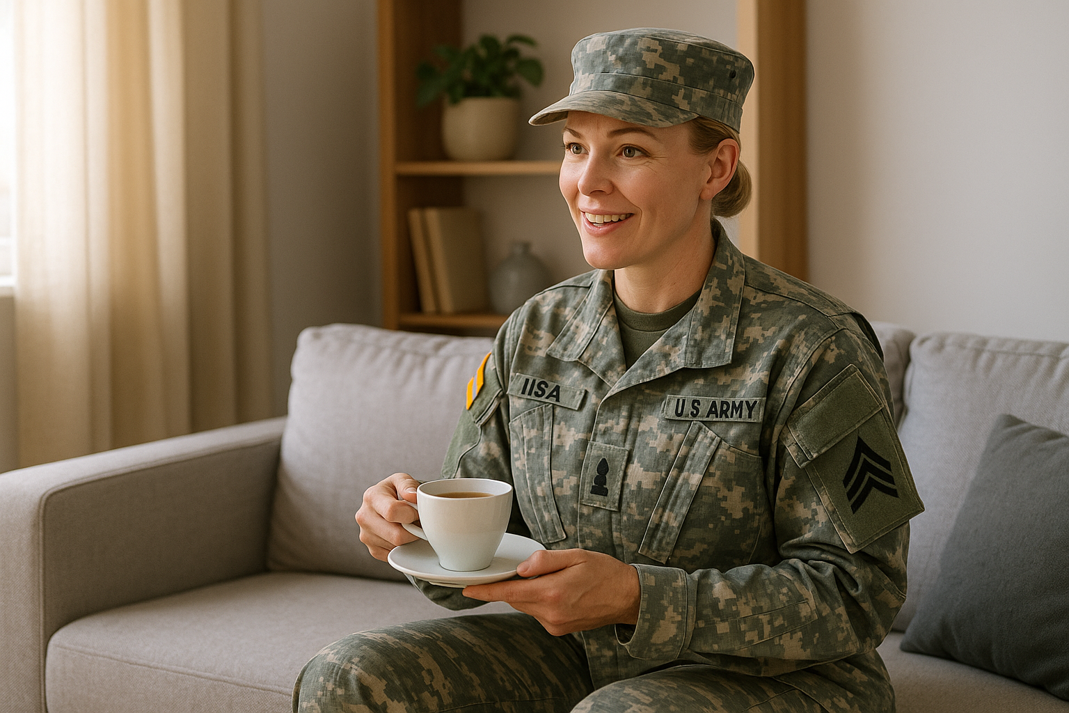 Things you can do with Lisa being portrayed by a female army sergeant: having a chat on the sofa with a cup of tea