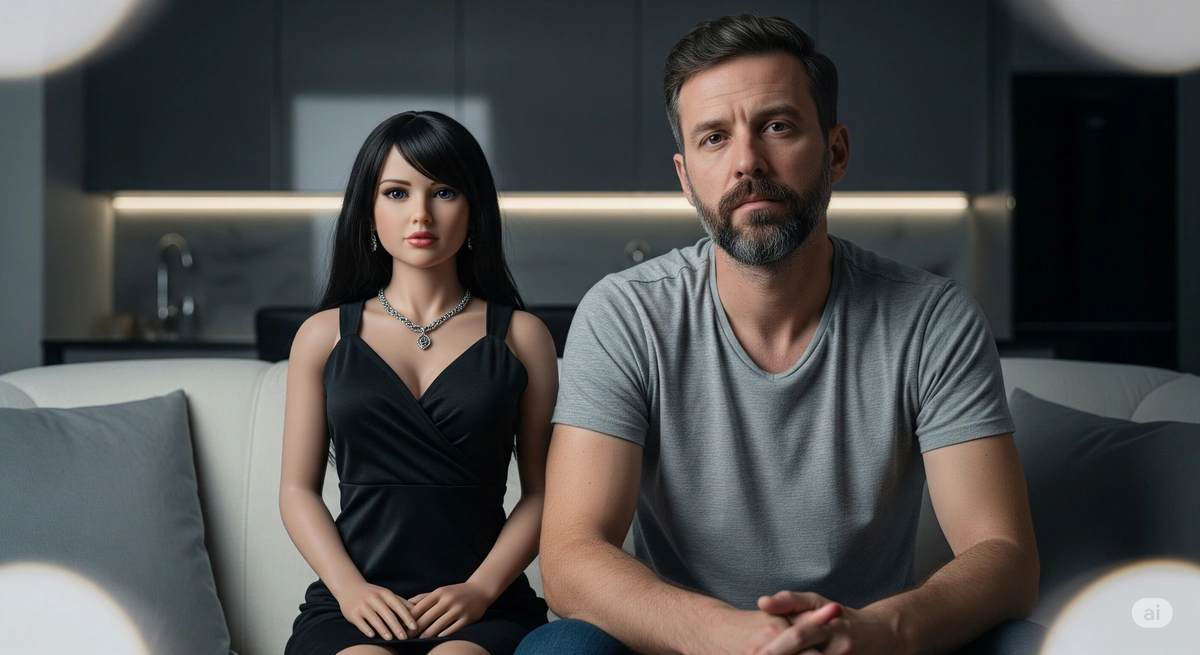Man and fully clothed life size love doll are sitting on the sofa together looking back at you slightly pensive.