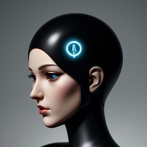 Female human encased in futuristic black head garment made to signify our new AI companions among us