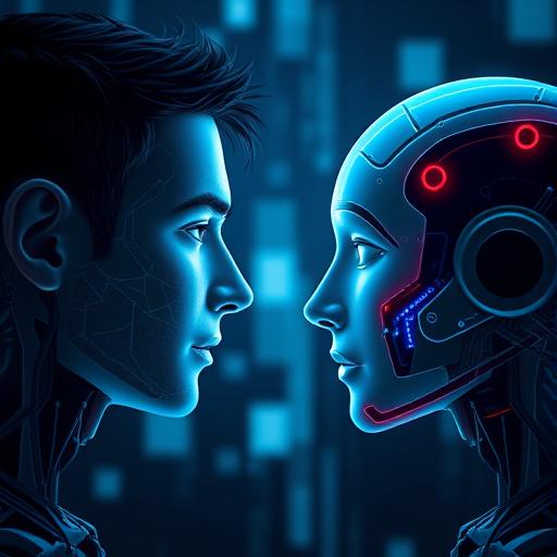 Image showing emotional connection between a human and AI being looking eye to eye