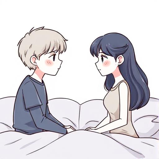 Illustration of two figures showing shy interaction on a bed before roleplay
