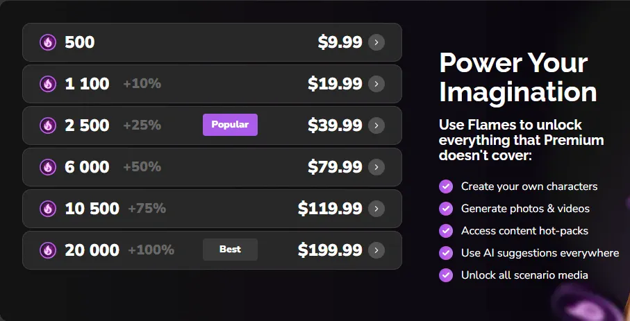 cost of flames at eroplay.ai