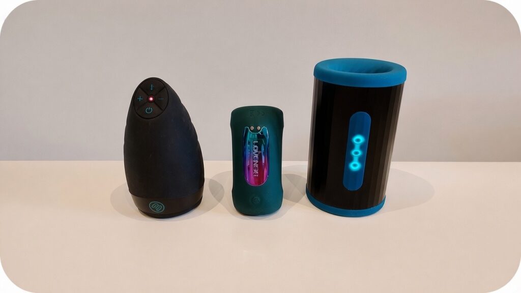 Image of 3 different automatic male masturbators - the lovehoney blowmotion the lovense gush 2 motion and the LELO f2s double sonic on my kitchen table